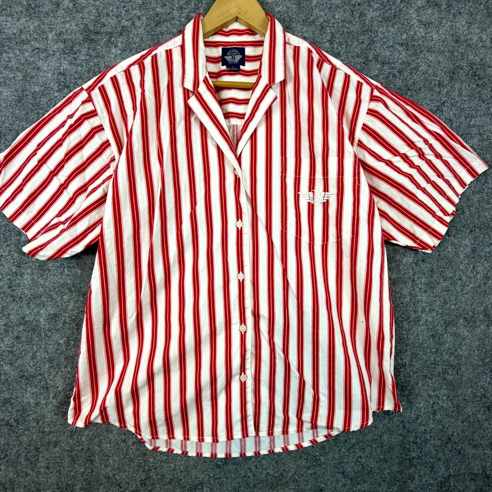 Vintage Dockers Camp Shirt Womens Large Red White Striped Button Up Short Sleeve